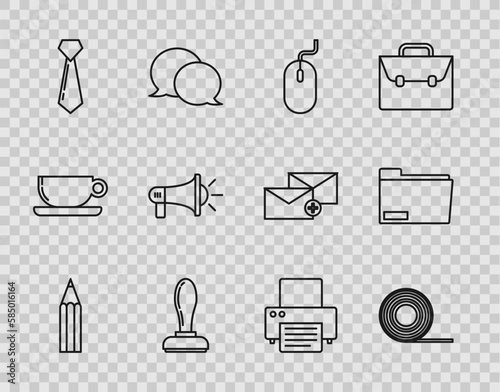Set line Pencil, Scotch, Computer mouse, Stamp, Tie, Megaphone, Printer and Document folder icon. Vector