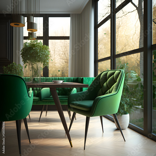 Cozy modern living room interior with green armchair and decoration room big window in the background, Generative AI 