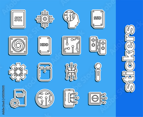 Set line Remote control, Gamepad, Human brain as digital circuit board, Hard disk drive HDD, Computer cooler, Tablet with text 5k and Processor icon. Vector