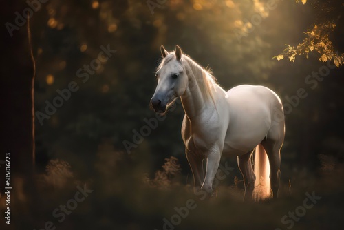 Beautiful wild white horse is walking in the forest. Generative AI. © Hanna
