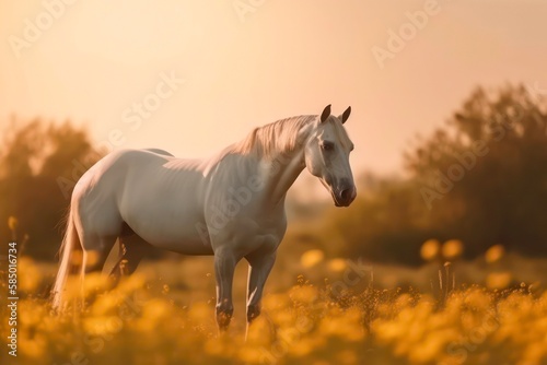 Beautiful wild white horse is walking across the field. Generative AI. © Hanna
