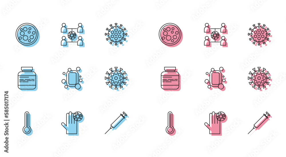 Set line Medical thermometer, Hand with virus, Virus, Syringe, Bar of soap, Medicine bottle pills and spread icon. Vector Set line Medical thermometer, Hand with virus, Virus, Syringe, Bar of soap, Medicine bottle pills and spread icon. Vector
