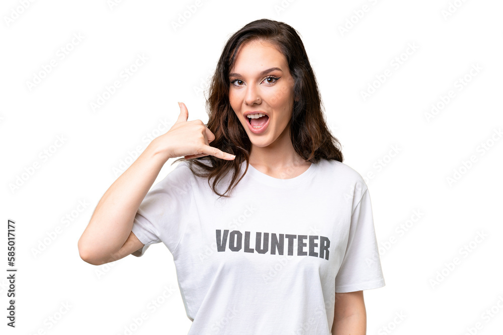 Young volunteer caucasian woman over isolated background making phone gesture. Call me back sign Young volunteer caucasian woman over isolated background making phone gesture. Call me back sign