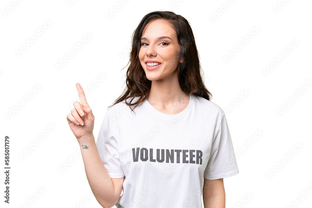 Young volunteer caucasian woman over isolated background showing and lifting a finger in sign of the best Young volunteer caucasian woman over isolated background showing and lifting a finger in sign of the best