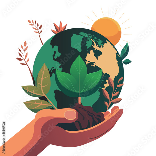 Human Hand Protecting Plant With Sun Behind Earth Globe.