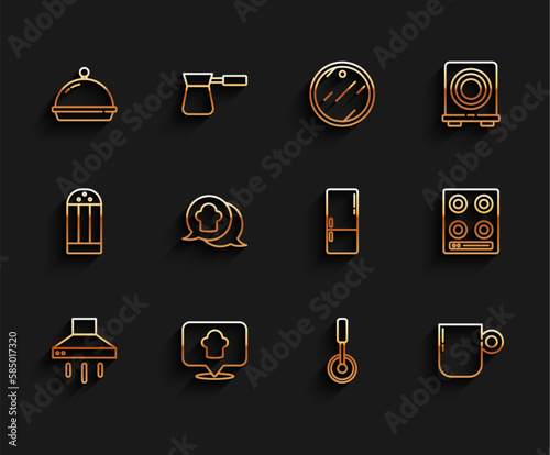 Set line Kitchen extractor fan, Chef hat with location, Covered tray of food, Pizza knife, Coffee cup, in speech bubble, Gas stove and Refrigerator icon. Vector