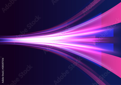 Magic luminous azure glow design element on dark background, flash luminosity, abstract neon motion glowing wavy lines. Futuristic technology concept. Vector illustration