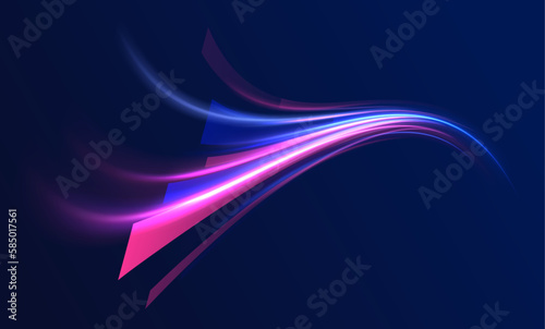 Magic luminous azure glow design element on dark background, flash luminosity, abstract neon motion glowing wavy lines. Futuristic technology concept. Vector illustration