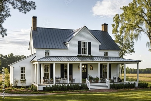 Photo classic white farmhouse with wrap-around porch and black metal roof, created wit