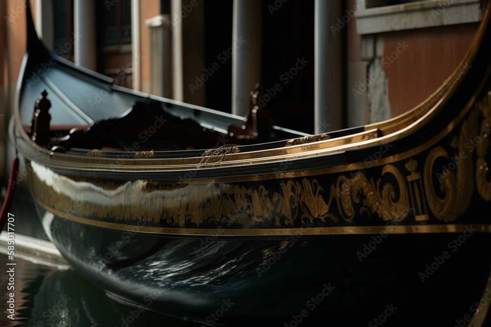 Gondola boat on the canal of Venice close up. Travel in the Italian city of Veneto. Famous traditional water transportation symbol. Ai generated