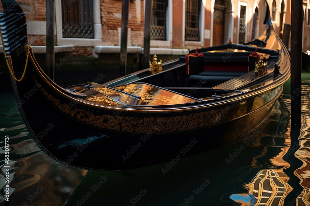 Gondola boat on the canal of Venice close up. Travel in the Italian city of Veneto. Famous traditional water transportation symbol. Ai generated