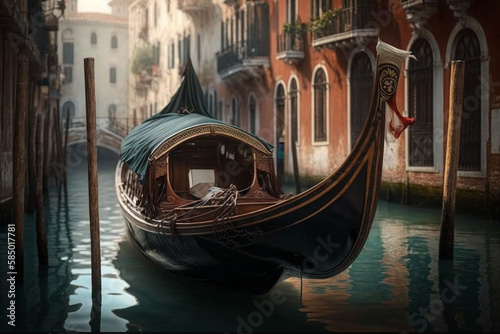 Gondola boat on the canal of Venice close up. Travel in the Italian city of Veneto. Famous traditional water transportation symbol. Ai generated © dragomirescu