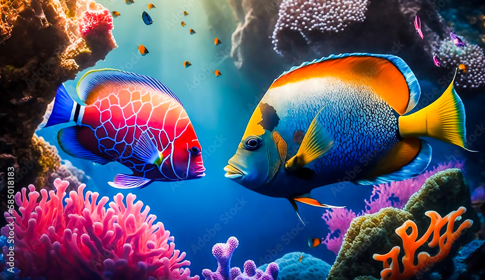 Fototapeta premium Colorful tropical fish life in the coral reef, animals of the underwater sea world, Generative AI