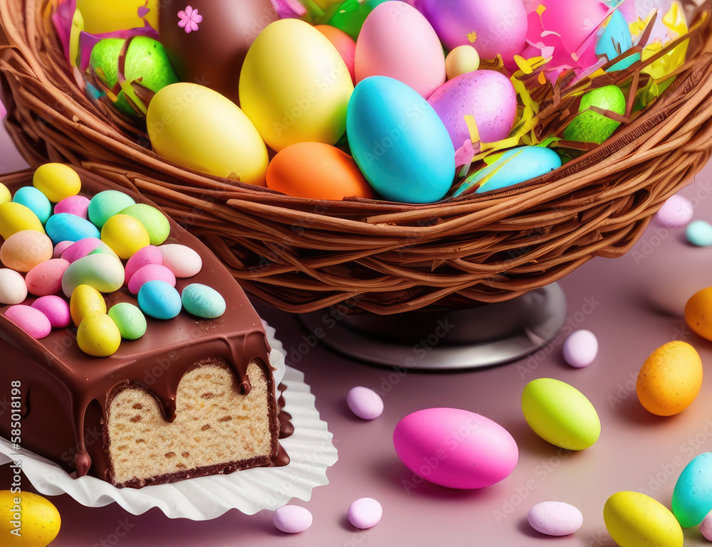 From above view of Easter composition with bright painted eggs in basket and sweets. Generative AI From above view of Easter composition with bright painted eggs in basket and sweets. Generative AI