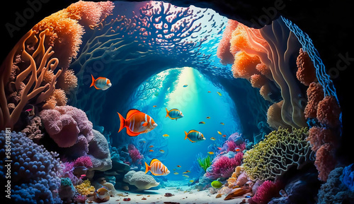 Colorful tropical fish life in the coral reef in cave under water sea world, Generative AI
