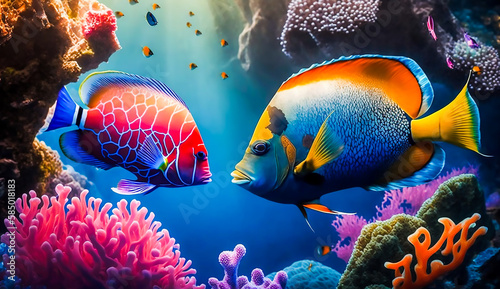 Fototapeta Naklejka Na Ścianę i Meble -  Colorful tropical fish life in the coral reef, animals of the underwater sea world, Generative AI