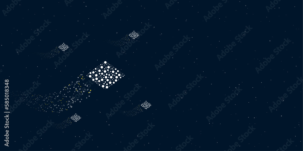 A rhombus symbol filled with dots flies through the stars leaving a trail behind. Four small symbols around. Empty space for text on the right. Vector illustration on dark blue background with stars