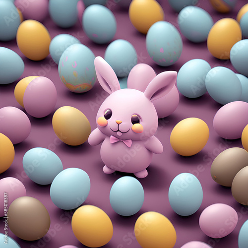 Modern Illustration of cartoon rabbit surrounded in easter eggs. Easter Bunny. Generative AI.  © zamuruev