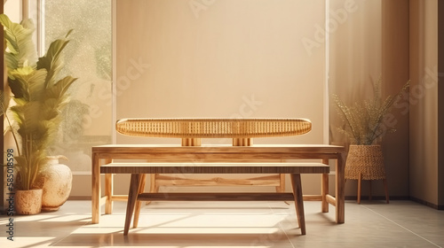 Blank wooden table counter in modern  luxury brown tropical design cafe  coffee table  rattan chair in sunlight from glass window to outdoor garden on beige wall. Interior background 3D