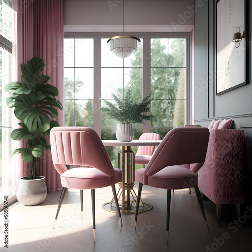 Cozy modern living room interior with pink armchair and decoration room big window in the background  Generative AI 