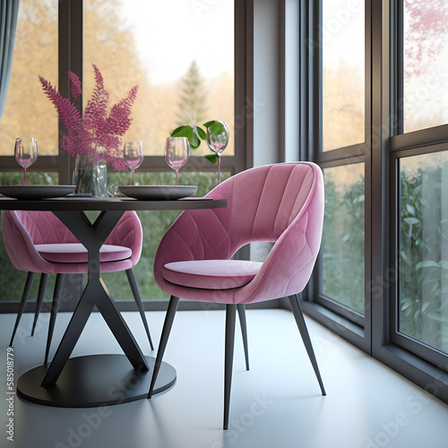 Cozy modern living room interior with pink armchair and decoration room big window in the background, Generative AI 