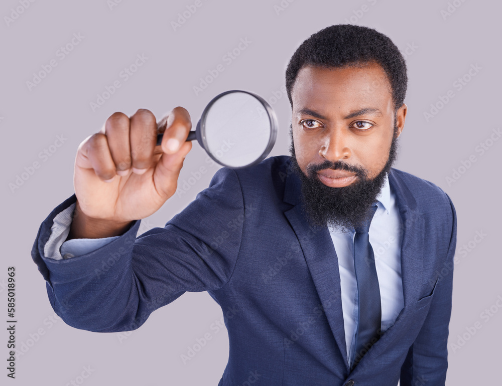 Business black man, magnifying glass and studio with focus for quality inspection, compliance and stop fraud. Businessman, inspector and auditor at company with attention for financial health at job Business black man, magnifying glass and studio with focus for quality inspection, compliance and stop fraud. Businessman, inspector and auditor at company with attention for financial health at job