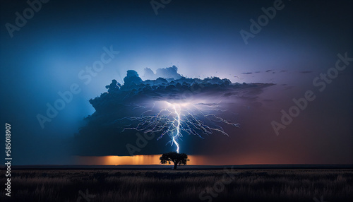 Lightning, thunder cloud dark over the tree created with Generative AI technology