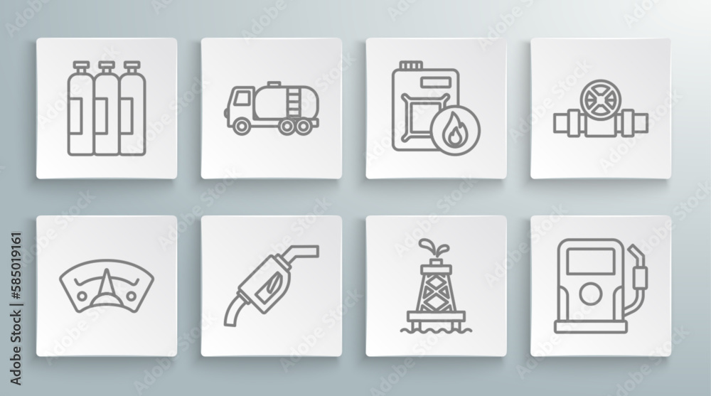 Set line Motor gas gauge, Tanker truck, Gasoline pump nozzle, Oil rig, Petrol station, Canister for motor oil, Metallic pipes and valve and Industrial cylinder tank icon. Vector Set line Motor gas gauge, Tanker truck, Gasoline pump nozzle, Oil rig, Petrol station, Canister for motor oil, Metallic pipes and valve and Industrial cylinder tank icon. Vector