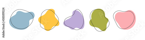Set of colorful amoeba organic graphic elements irregular shapes with line. Isolated on a white background. Doodle illustration concept
