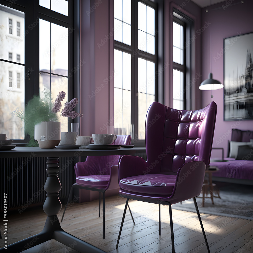 Cozy modern living room interior with purple armchair and decoration room big window in the background, Generative AI
