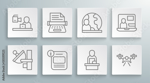 Set line Radar, Retro typewriter, Information, Breaking news, Drone, World, and icon. Vector