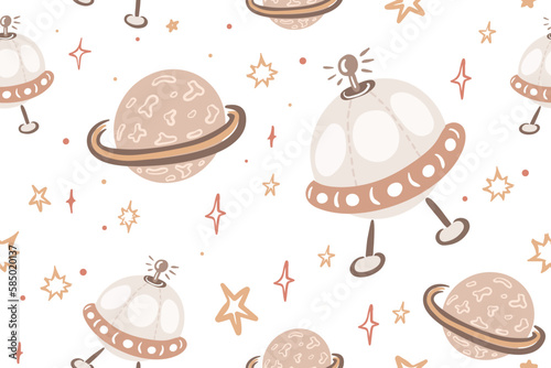Vector hand drawn kids seamless repeating color simple flat pattern with different planets and ufo background. Seamless pattern with planets. Space. Mars, Saturn, the moon.