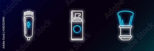 Set line Shaving brush, Electrical hair clipper or shaver and gel foam icon. Glowing neon. Vector