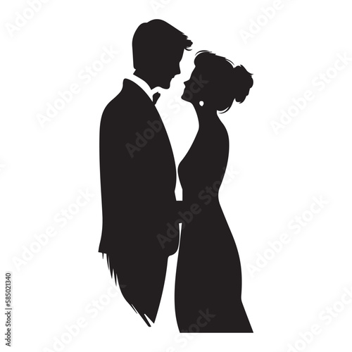 Groom kissing the bride. Minimal vector icon of traditional wedding. Woman in a bridal dress with veil. Happy loving relationship. Newlywed cartoon drawing. Husband and wife. Logo design. White dress