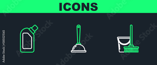 Set line Mop and bucket, Plastic bottles for liquid dishwashing liquid and Toilet plunger icon. Vector