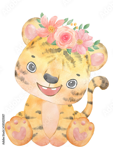 Fototapeta Naklejka Na Ścianę i Meble -  cute baby playful tiger with floral crown, whimsical children animal watercolour illustration