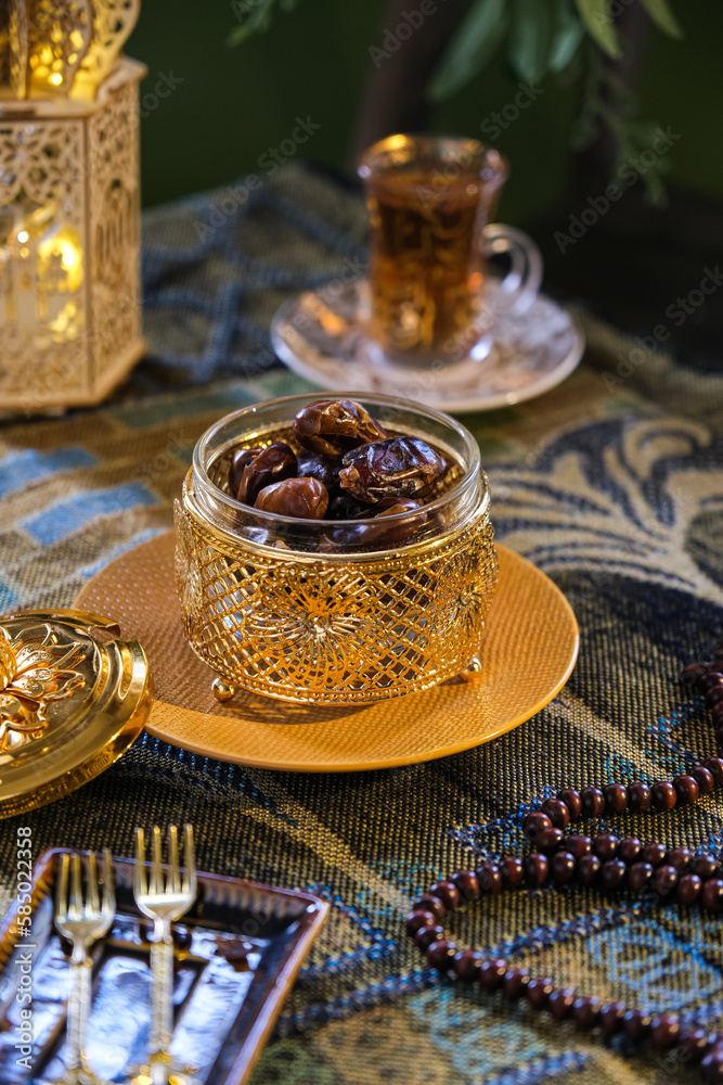 kurma or dates fruits, one of sunnah foods for iftar breakfasting. selective focus