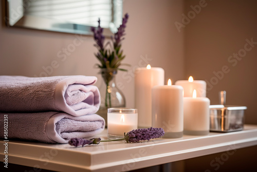 Beautiful spa composition with lavender on wooden table.