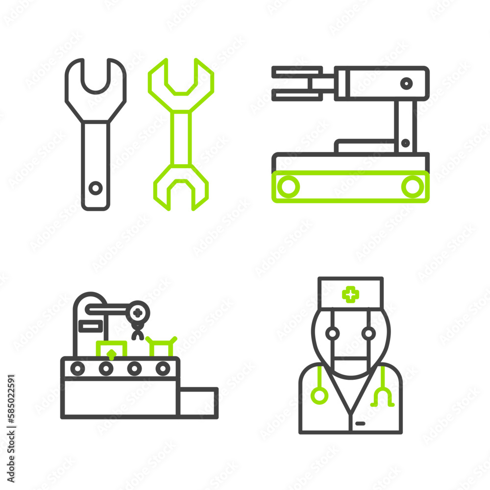 Set line Robot doctor, Factory conveyor system belt, and Spanner icon. Vector Set line Robot doctor, Factory conveyor system belt, and Spanner icon. Vector
