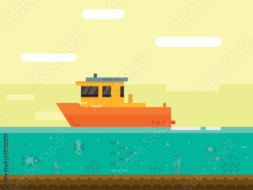 Sea freight, ship transportation, fishing, tugboat, boat, sea nature landscape, river boat, angler