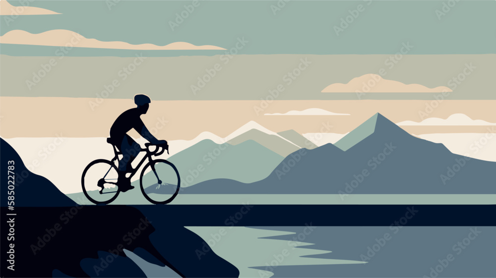 Man cylcing between the mountains and the beach. Healthy activity. Bike trip. Ecological transportation. Vector art of biker traveling. Sport athlete competing. Hipster lifestyle vacation. Pedal racer