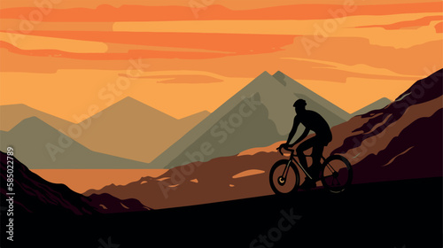 Man cylcing between the mountains and the beach. Healthy activity. Bike trip. Ecological transportation. Vector art of biker traveling. Sport athlete competing. Hipster lifestyle vacation. Pedal racer