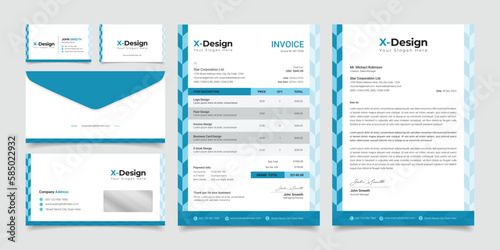 A set of different templates including invoices letterhead business cards and envelopes