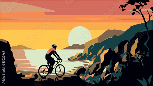 Man cylcing between the mountains and the beach. Healthy activity. Bike trip. Ecological transportation. Vector art of biker traveling. Sport athlete competing. Hipster lifestyle vacation. Pedal racer