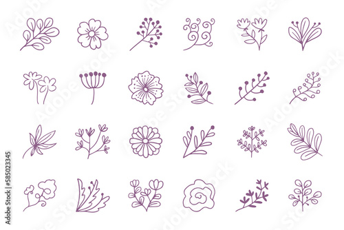 flowers set drawn with doodle line 