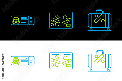 Set line Suitcase for travel and stickers, Cruise ticket traveling by ship and Passport pages with visa stamps icon. Vector