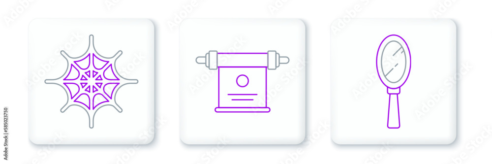 Set line Magic hand mirror, Spider web and scroll icon. Vector Set line Magic hand mirror, Spider web and scroll icon. Vector