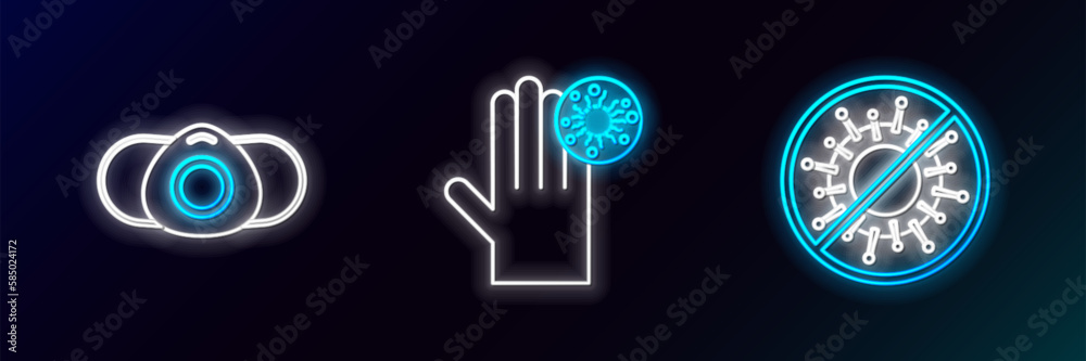 Set line Stop virus, Medical protective mask and Hand with icon. Glowing neon. Vector