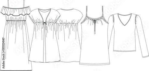 Woman dresses, shirts and tunics technical drawing, template, sketch, flat, mock up. Jersey or woven fabric dress front view, white color