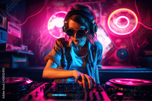 Female girl DJ mixing music on a digital turntable and controller at a party with retro red and blue light and copy space, generative ai